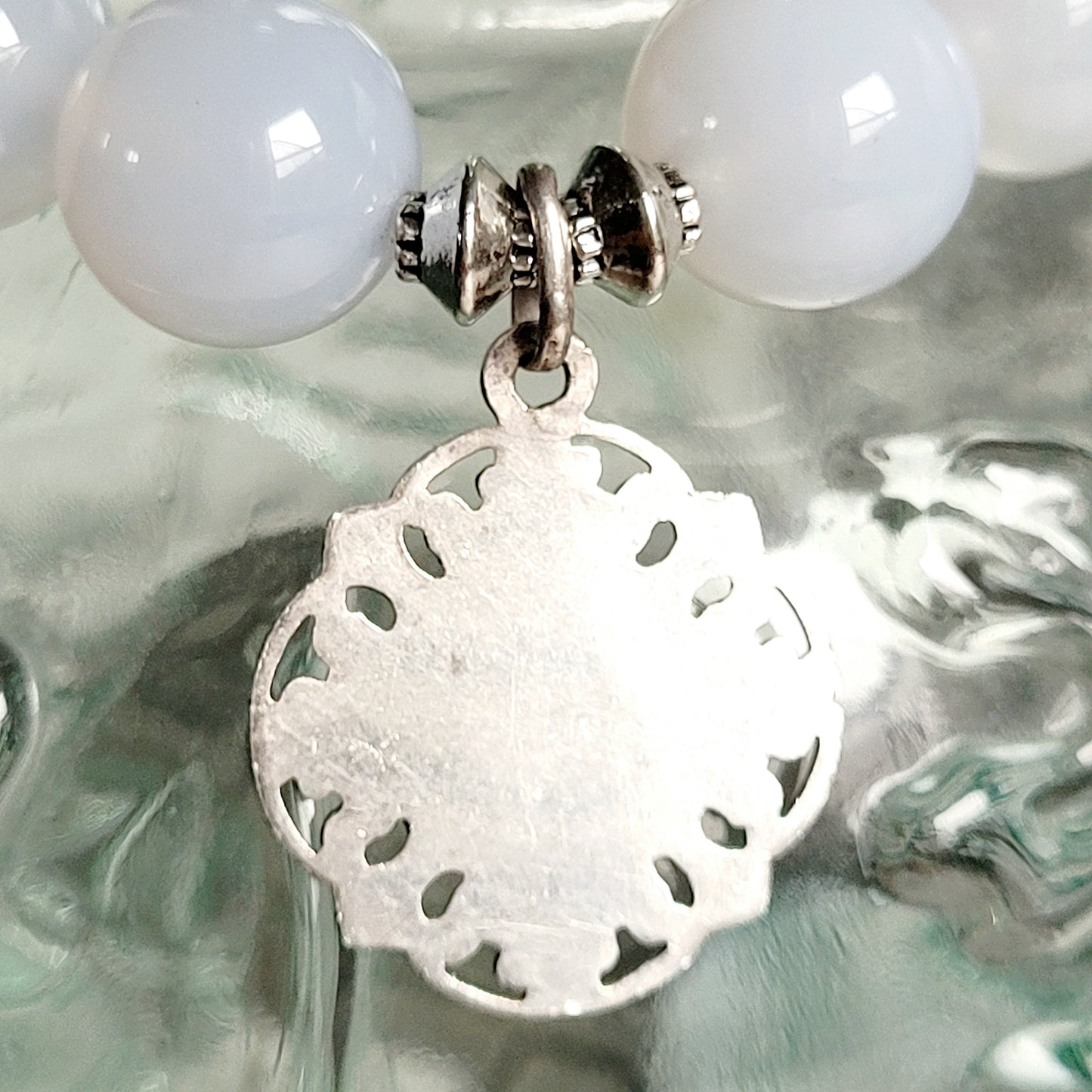 Moonstone Light Blue 12mm Beaded Bracelet w/ Signed Sterling Silver Art Nouveau Image of Mary