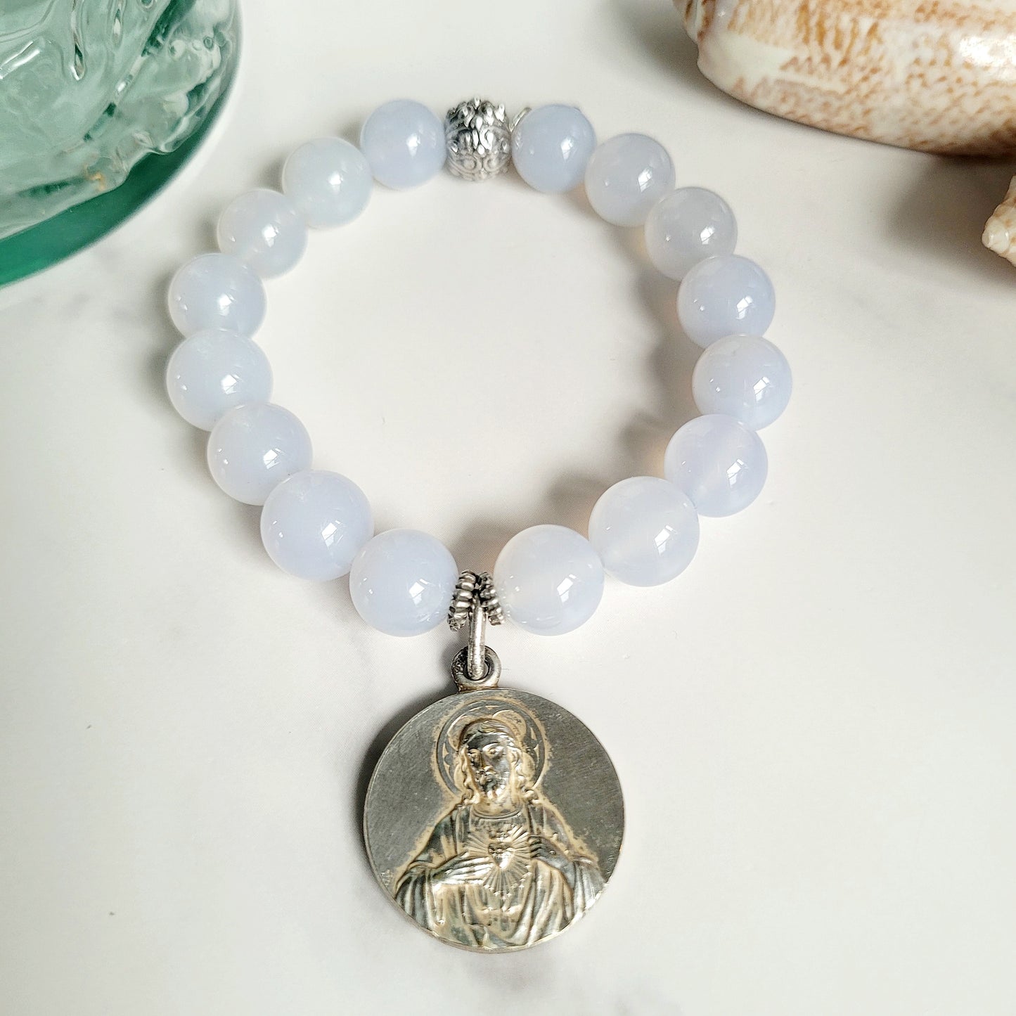 Moonstone Light Blue 12mm Beaded Bracelet w/Signed Sterling Silver Medal of The Sacred Heart of Jesus