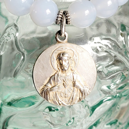 Moonstone Light Blue 12mm Beaded Bracelet w/Signed Sterling Silver Medal of The Sacred Heart of Jesus