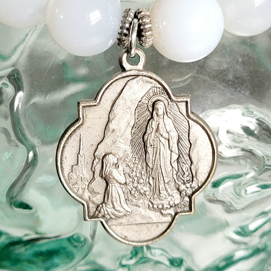 Moonstone Light Blue 12mm Beaded Bracelet w/ Large Silver Signed Medal of Our Lady of Lourdes