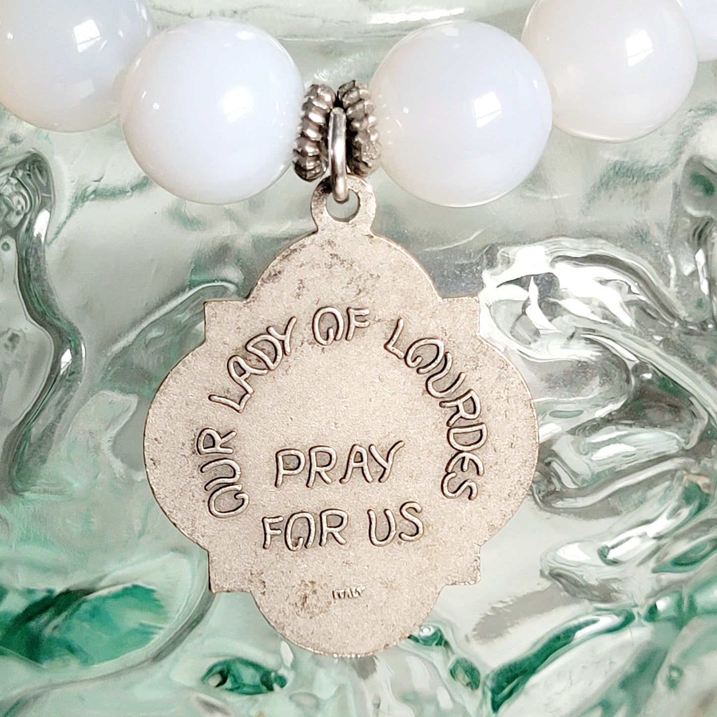 Moonstone Light Blue 12mm Beaded Bracelet w/ Large Silver Signed Medal of Our Lady of Lourdes