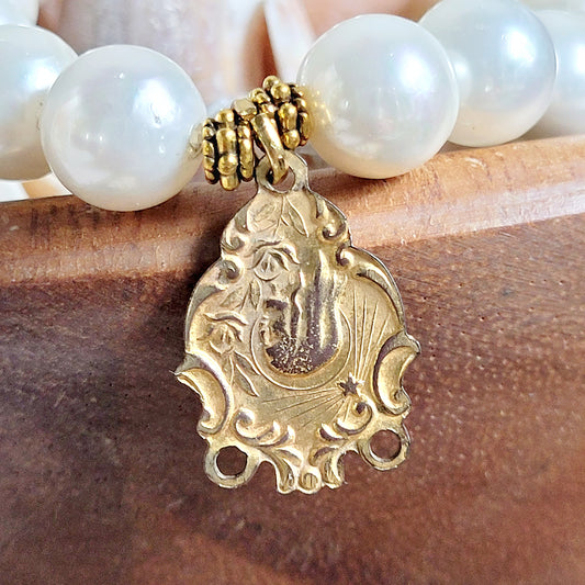 Freshwater Pearl 10mm Beaded Bracelet w/ Gold Plated Old Rosary Medallion