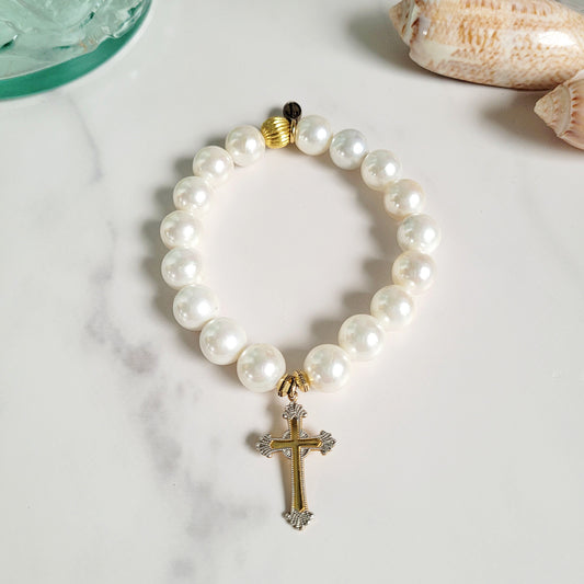 Freshwater Pearl 10mm Beaded Bracelet w/ 12 kt. Gold Filled Cross