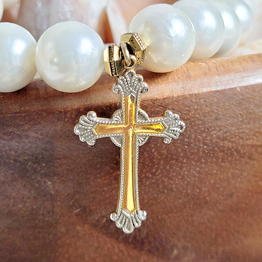 Freshwater Pearl 10mm Beaded Bracelet w/ 12 kt. Gold Filled Cross