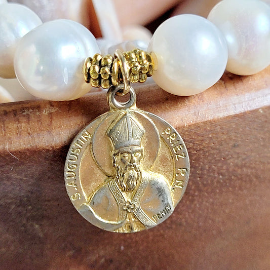 Freshwater Pearl 10mm Beaded Bracelet w/ Signed Gold Plated Medal of St. Augustin