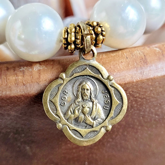Freshwater Pearl 10mm Beaded Bracelet w/ Bronze Medal of Sacred Heart of Jesus and Our Lady of Mount Carmel