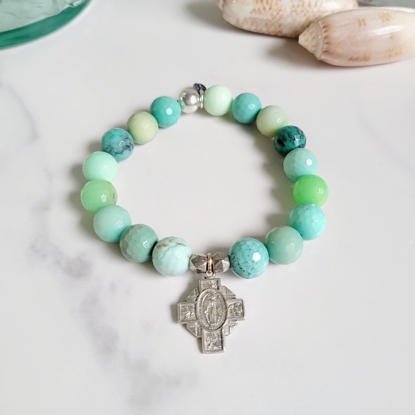Chrysoprase Australian Faceted 10mm Beaded Bracelet w/ Silver Cross with Miraculous Medal of Mary