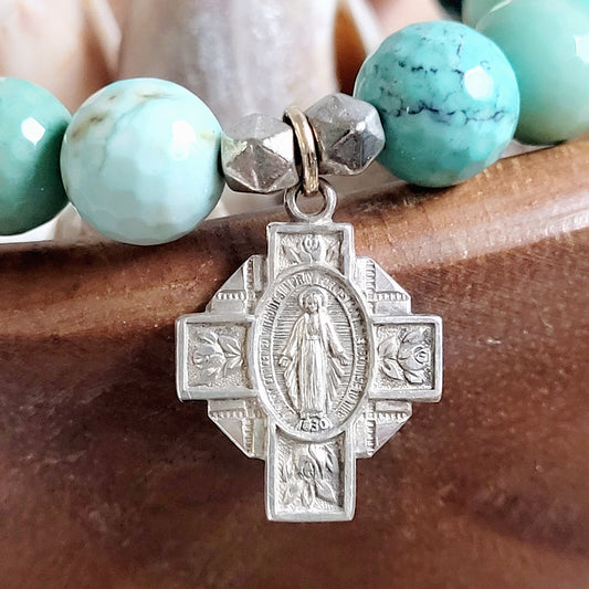 Chrysoprase Australian Faceted 10mm Beaded Bracelet w/ Silver Cross with Miraculous Medal of Mary