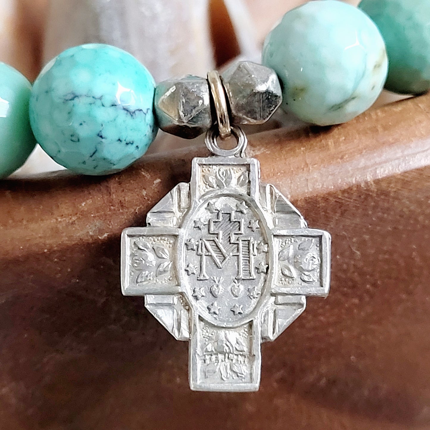 Chrysoprase Australian Faceted 10mm Beaded Bracelet w/ Silver Cross with Miraculous Medal of Mary