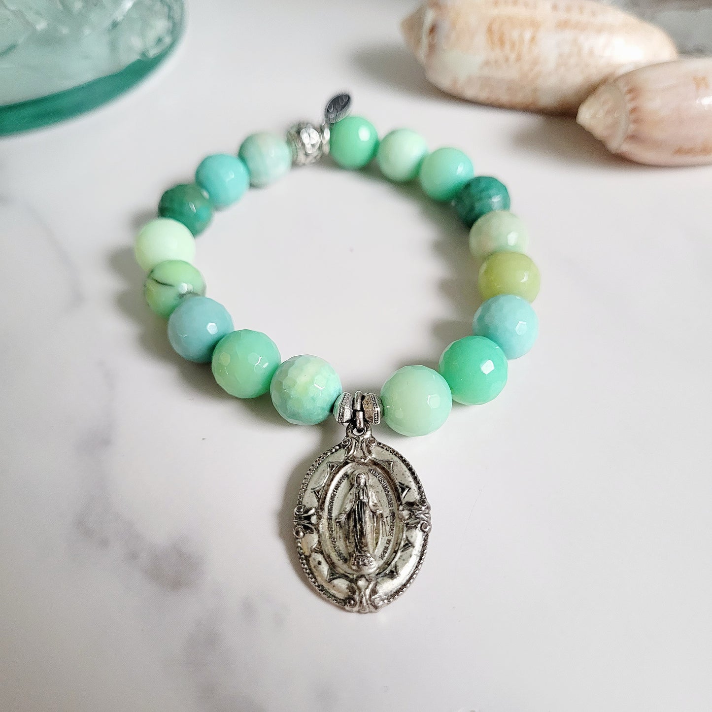 Chrysoprase Australian Faceted 10mm Beaded Bracelet w/Signed Sterling Silver Miraculous Medal of Mary