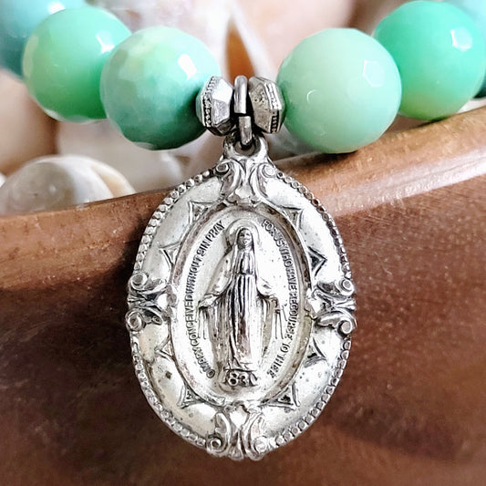 Chrysoprase Australian Faceted 10mm Beaded Bracelet w/Signed Sterling Silver Miraculous Medal of Mary