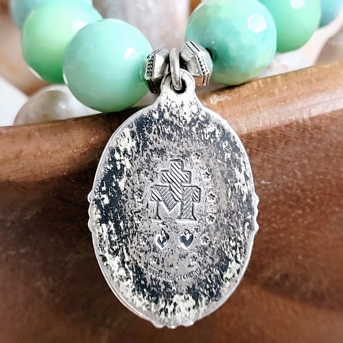 Chrysoprase Australian Faceted 10mm Beaded Bracelet w/Signed Sterling Silver Miraculous Medal of Mary