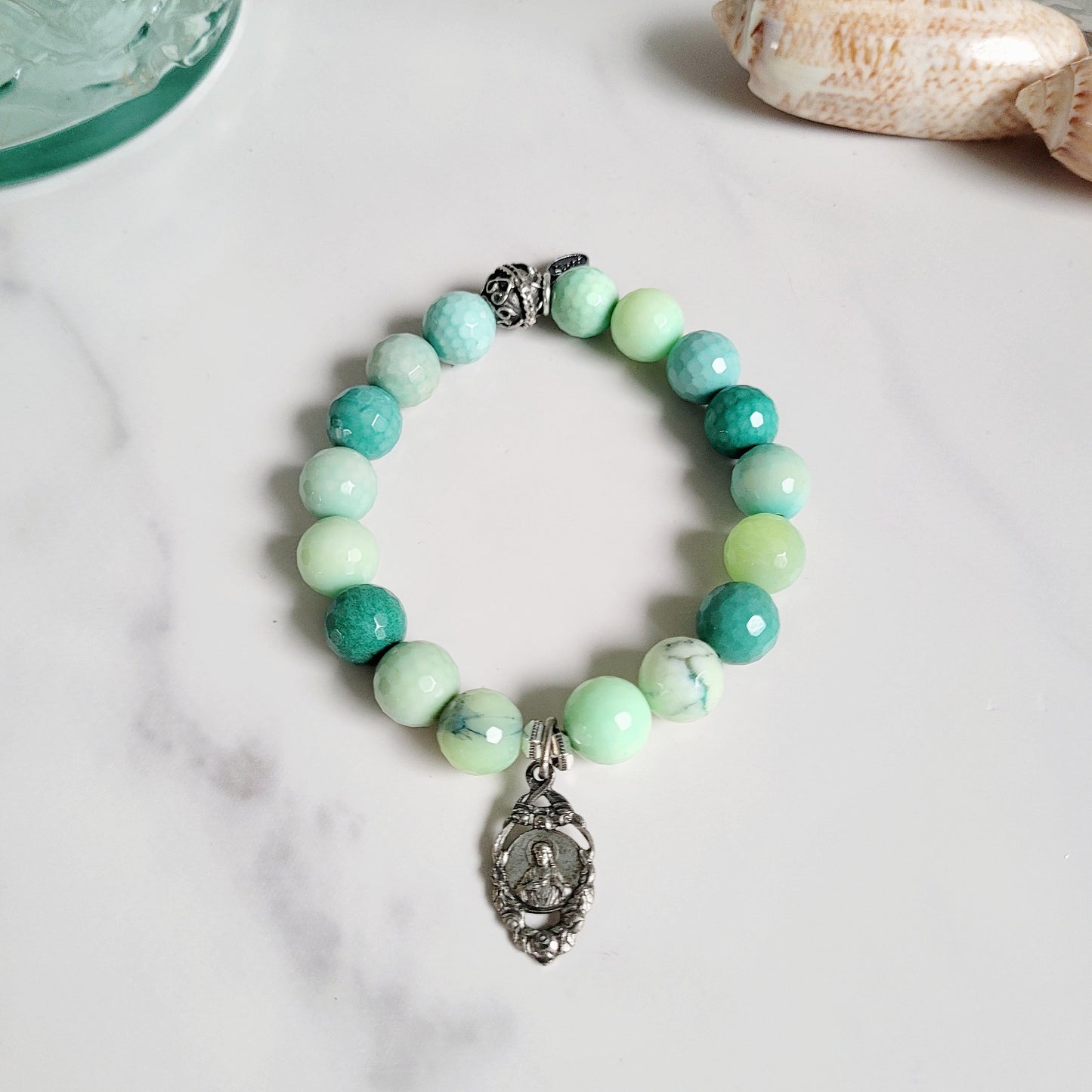 Chrysoprase Australian Faceted 10mm Beaded Bracelet w/Signed Decorated Silver Medal of The Sacred Heart of Jesus