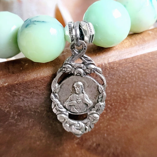 Chrysoprase Australian Faceted 10mm Beaded Bracelet w/Signed Decorated Silver Medal of The Sacred Heart of Jesus