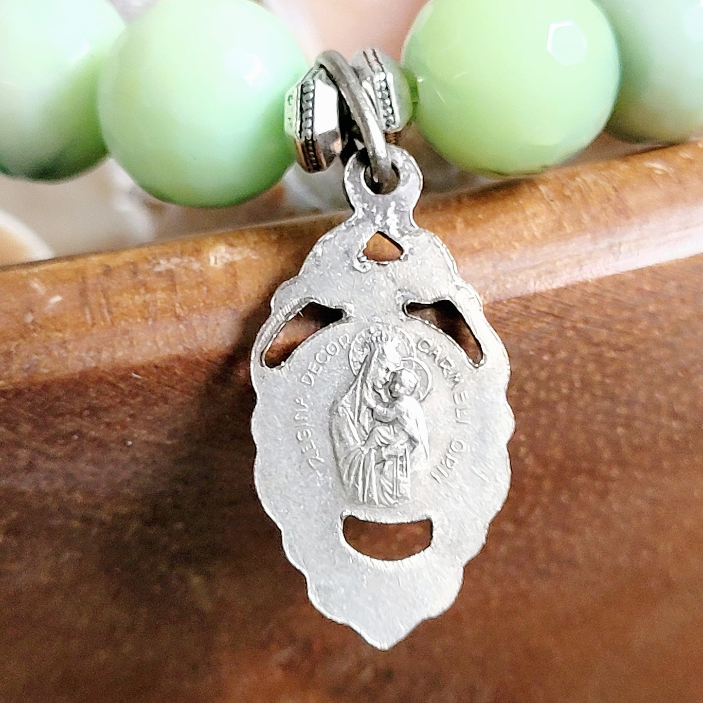 Chrysoprase Australian Faceted 10mm Beaded Bracelet w/Signed Decorated Silver Medal of The Sacred Heart of Jesus