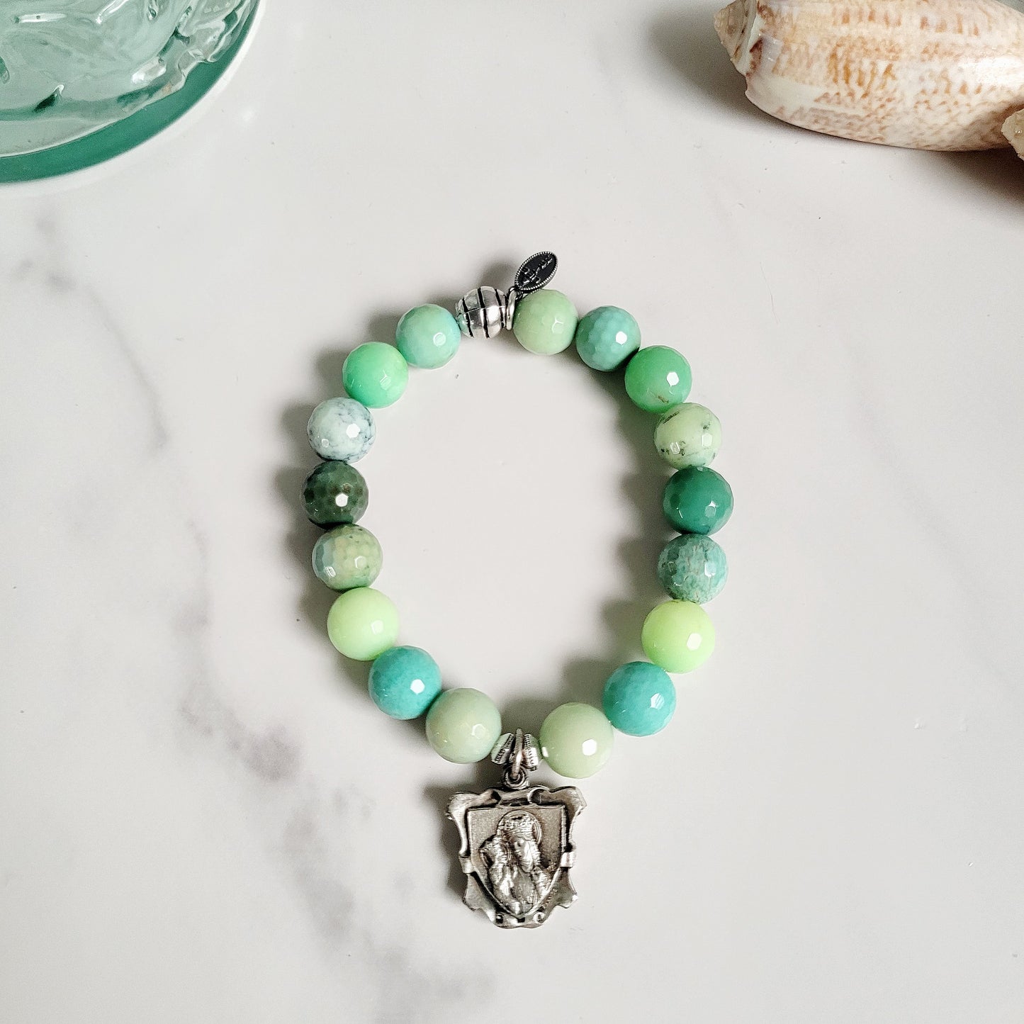 Chrysoprase Australian Faceted 10mm Beaded Bracelet w/ Signed Silver Medal of St. Anne and The Blessed Virgin Mary