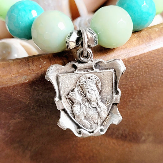 Chrysoprase Australian Faceted 10mm Beaded Bracelet w/ Signed Silver Medal of St. Anne and The Blessed Virgin Mary