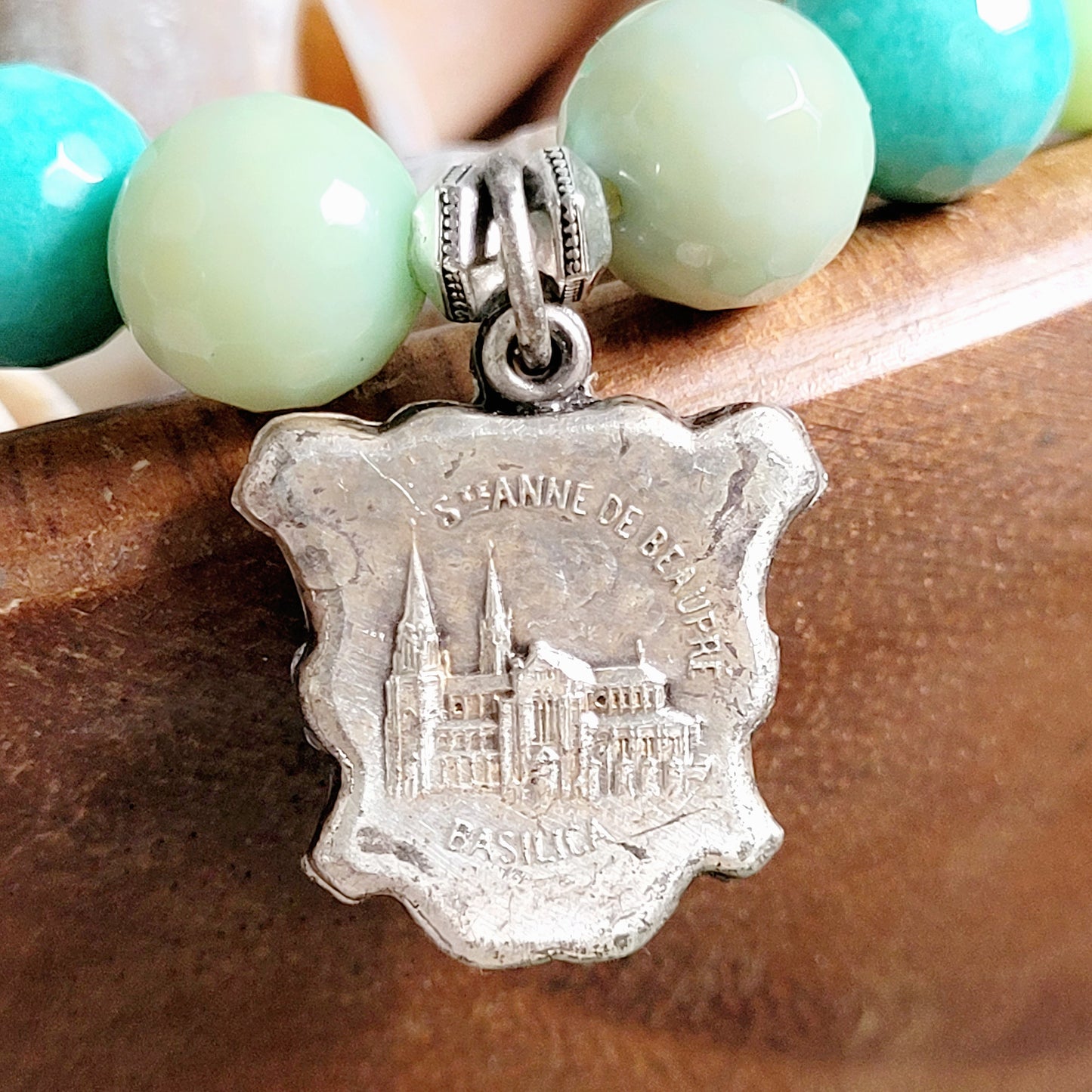 Chrysoprase Australian Faceted 10mm Beaded Bracelet w/ Signed Silver Medal of St. Anne and The Blessed Virgin Mary