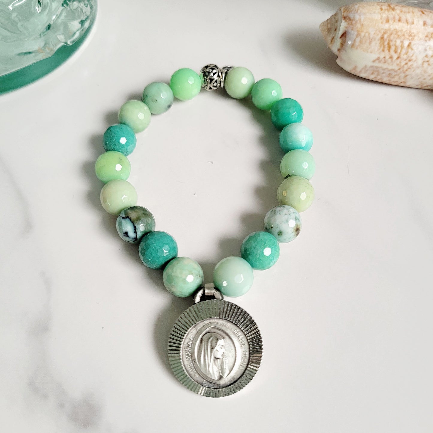 Chrysoprase Australian Faceted 10mm Beaded Bracelet w/ A Signed Silver Medal of Mary