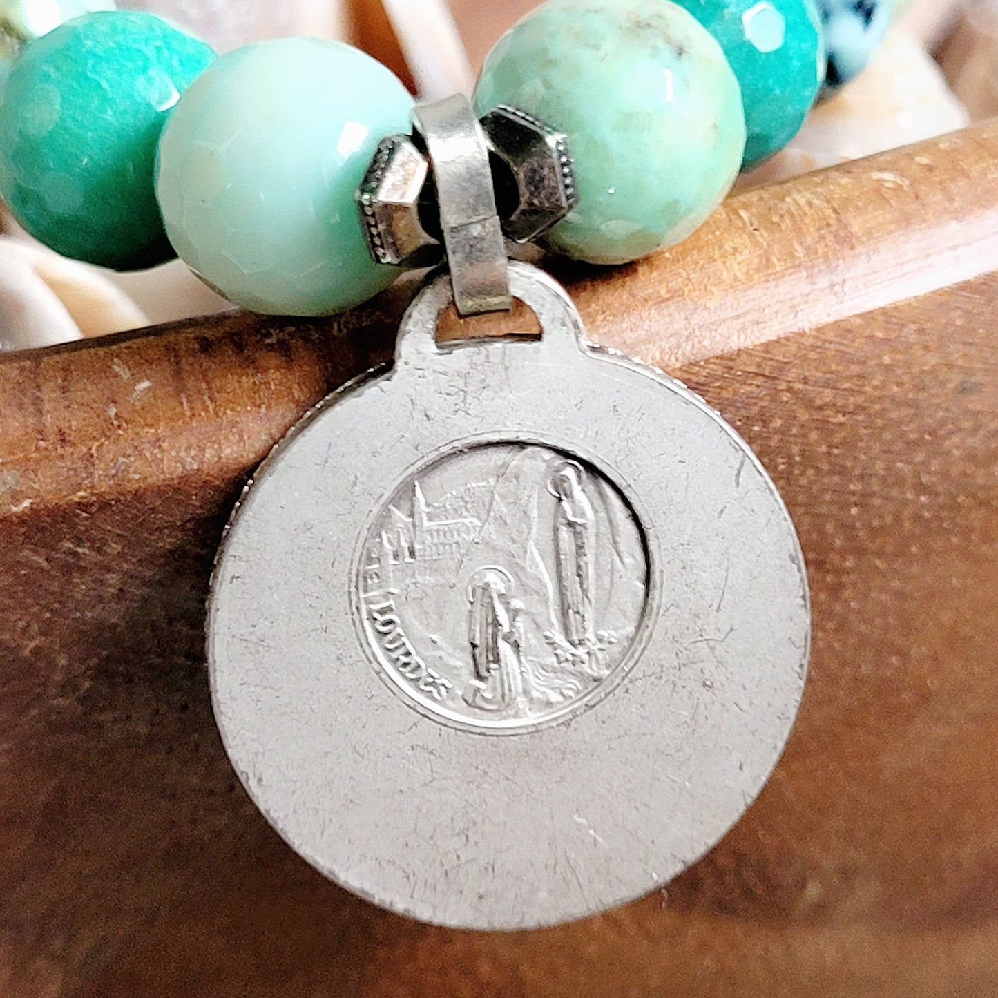Chrysoprase Australian Faceted 10mm Beaded Bracelet w/ A Signed Silver Medal of Mary