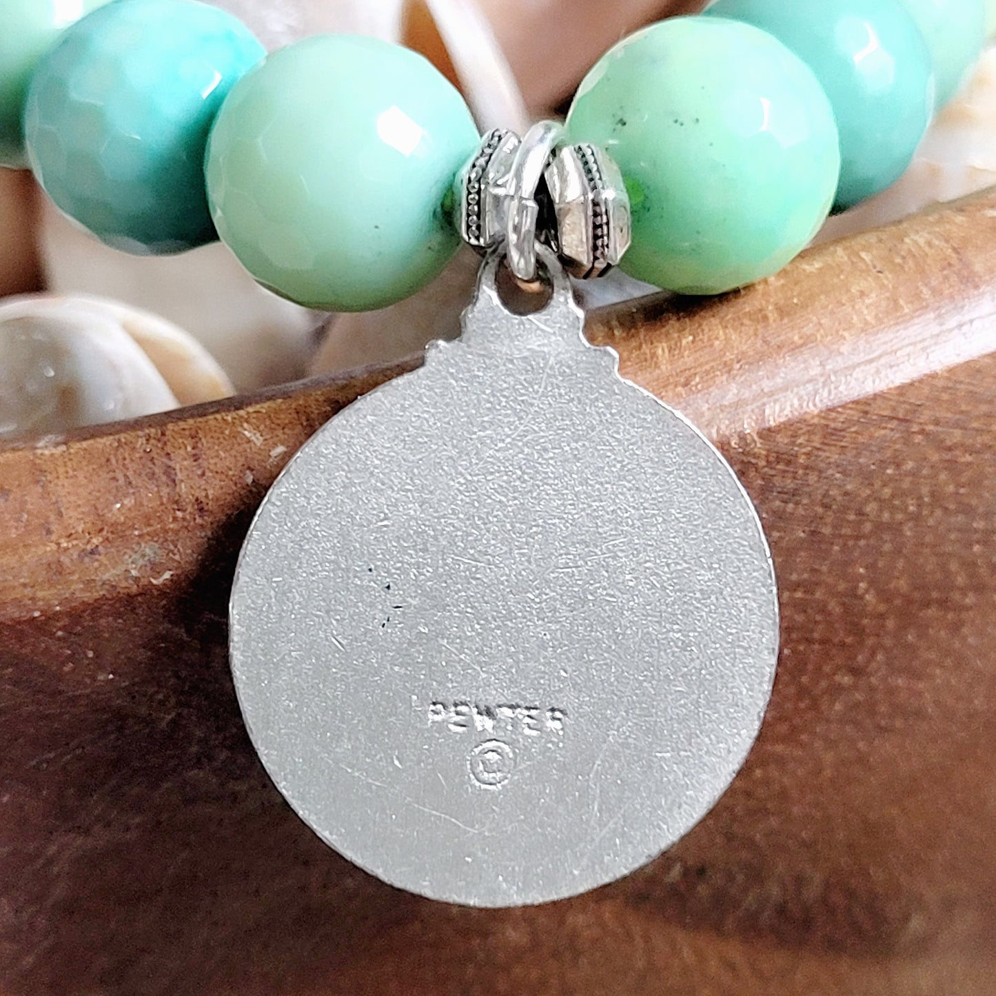 Chrysoprase Australian Faceted 10mm Beaded Bracelet w/ Signed Pewter Medal of St. Bernadette