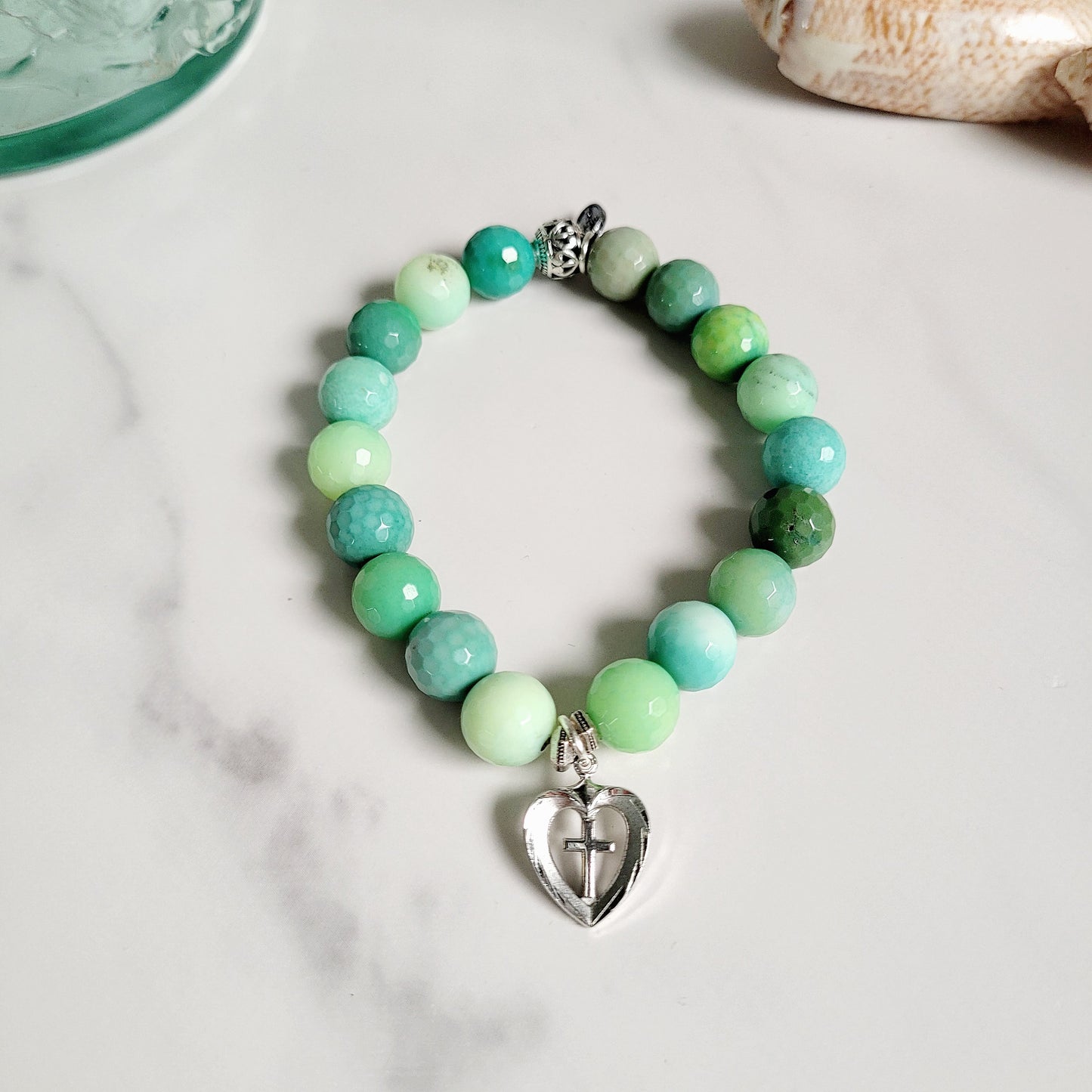 Chrysoprase Australian Faceted 10mm Beaded Bracelet w/ Signed Sterling Silver Heart Medal with a Cross