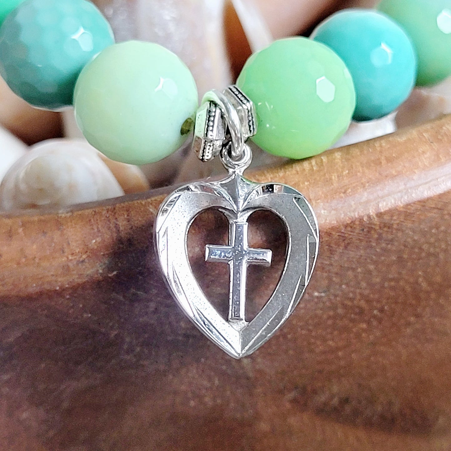 Chrysoprase Australian Faceted 10mm Beaded Bracelet w/ Signed Sterling Silver Heart Medal with a Cross