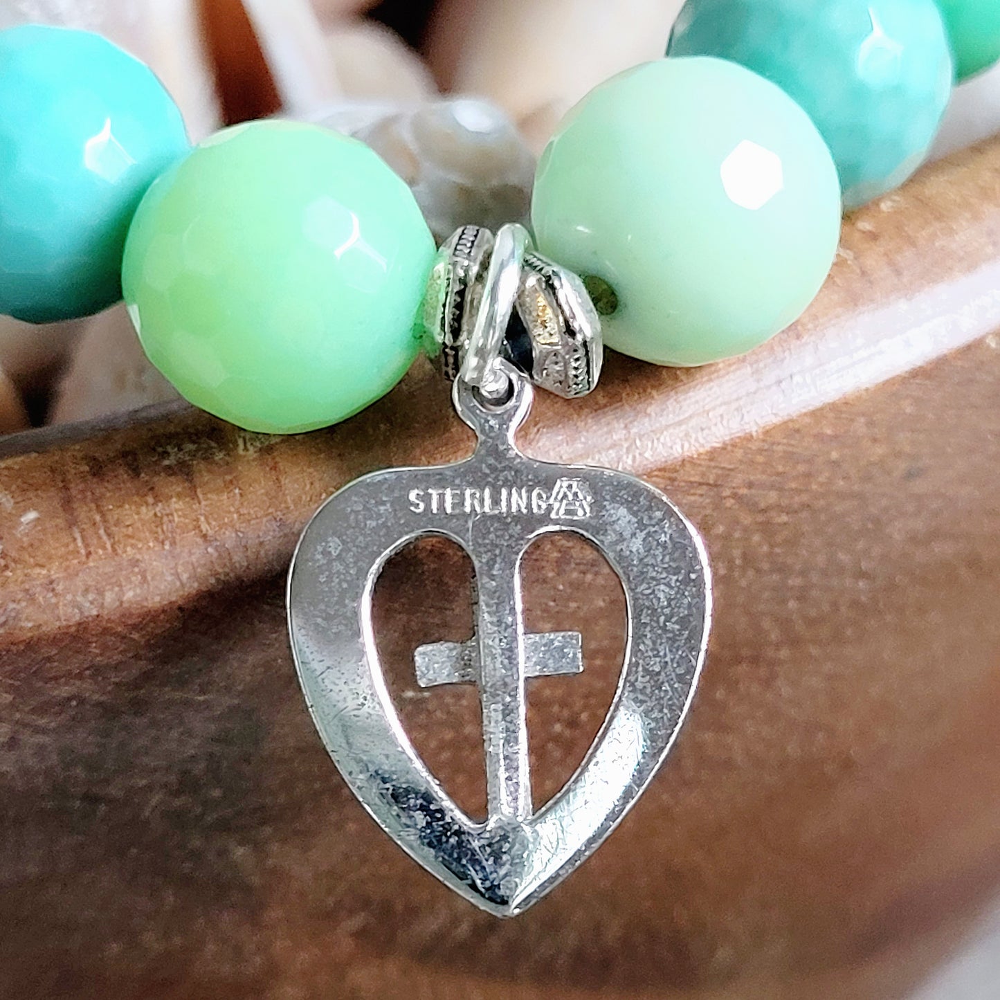 Chrysoprase Australian Faceted 10mm Beaded Bracelet w/ Signed Sterling Silver Heart Medal with a Cross