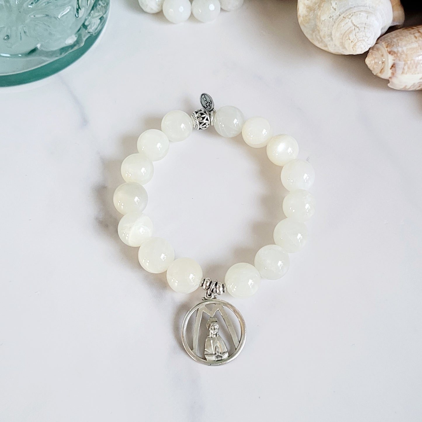 White Moonstone 12mm Beaded Bracelet w/ Signed Sterling Silver Mary M Medal