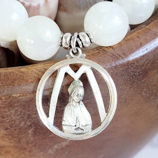 White Moonstone 12mm Beaded Bracelet w/ Signed Sterling Silver Mary M Medal