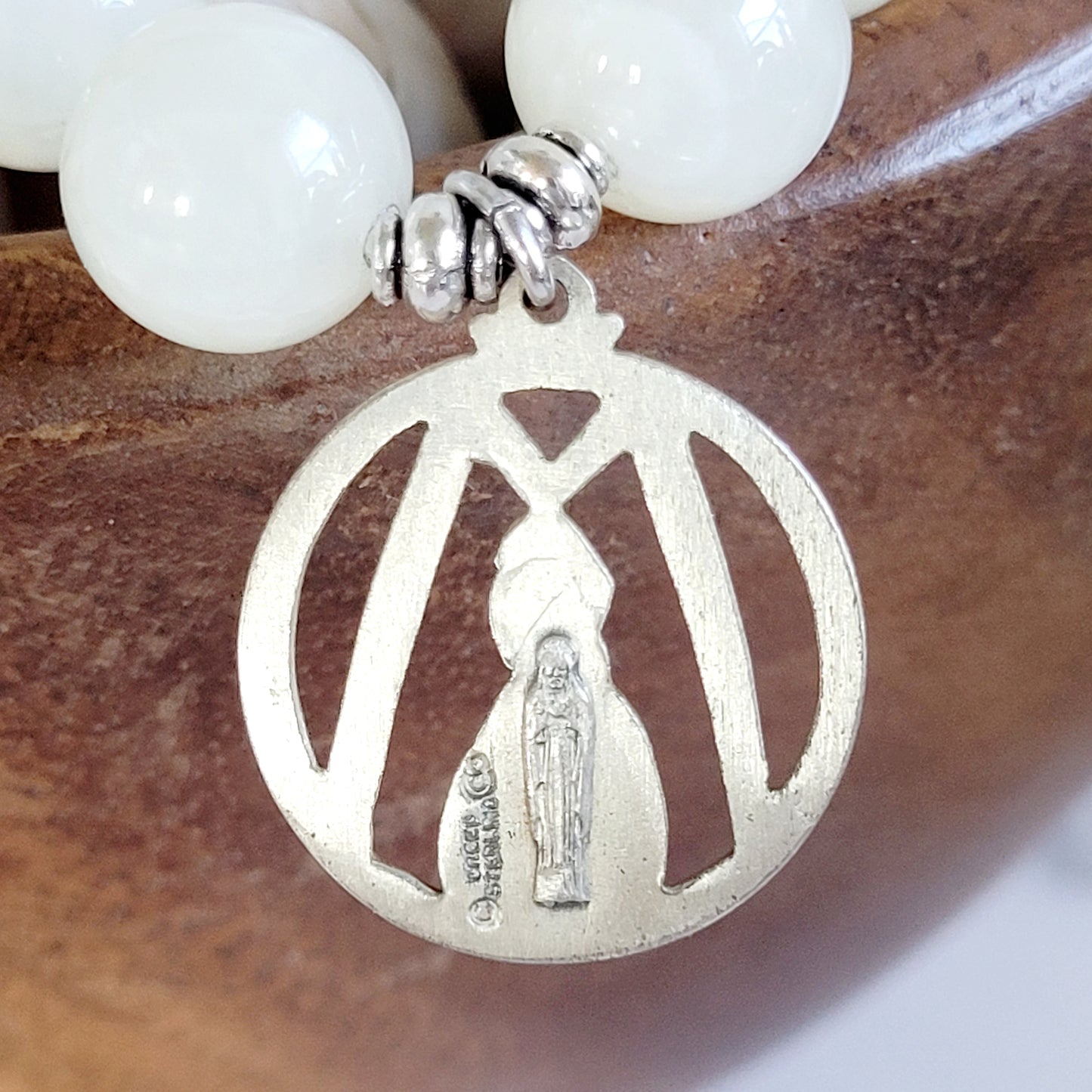 White Moonstone 12mm Beaded Bracelet w/ Signed Sterling Silver Mary M Medal