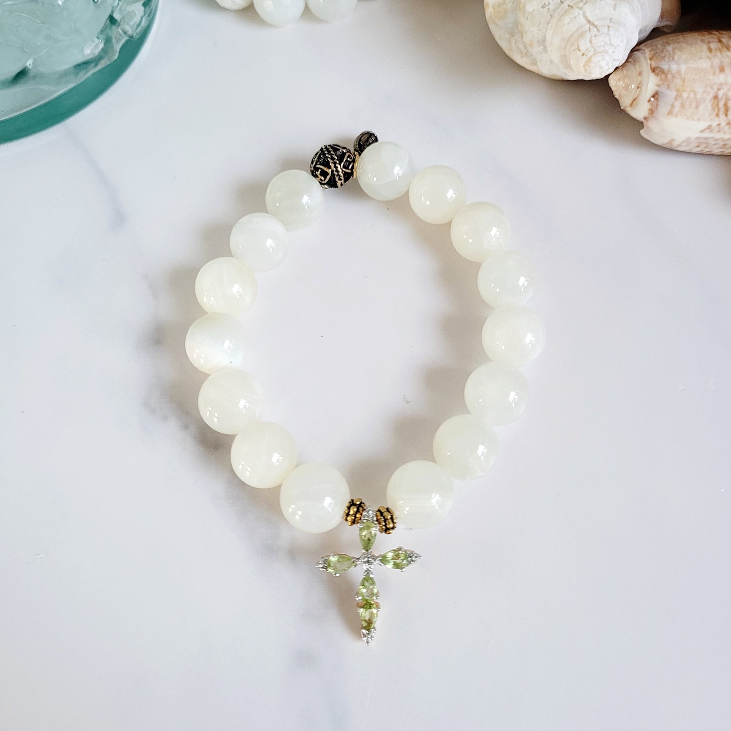 White Moonstone 12mm Beaded Bracelet w/ Gold Plated Peridot Cross