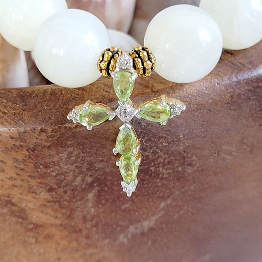 White Moonstone 12mm Beaded Bracelet w/ Gold Plated Peridot Cross