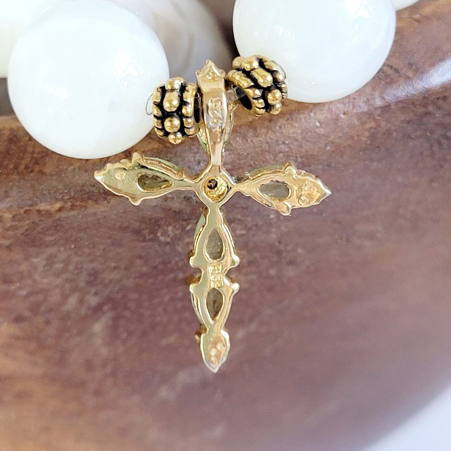 White Moonstone 12mm Beaded Bracelet w/ Gold Plated Peridot Cross