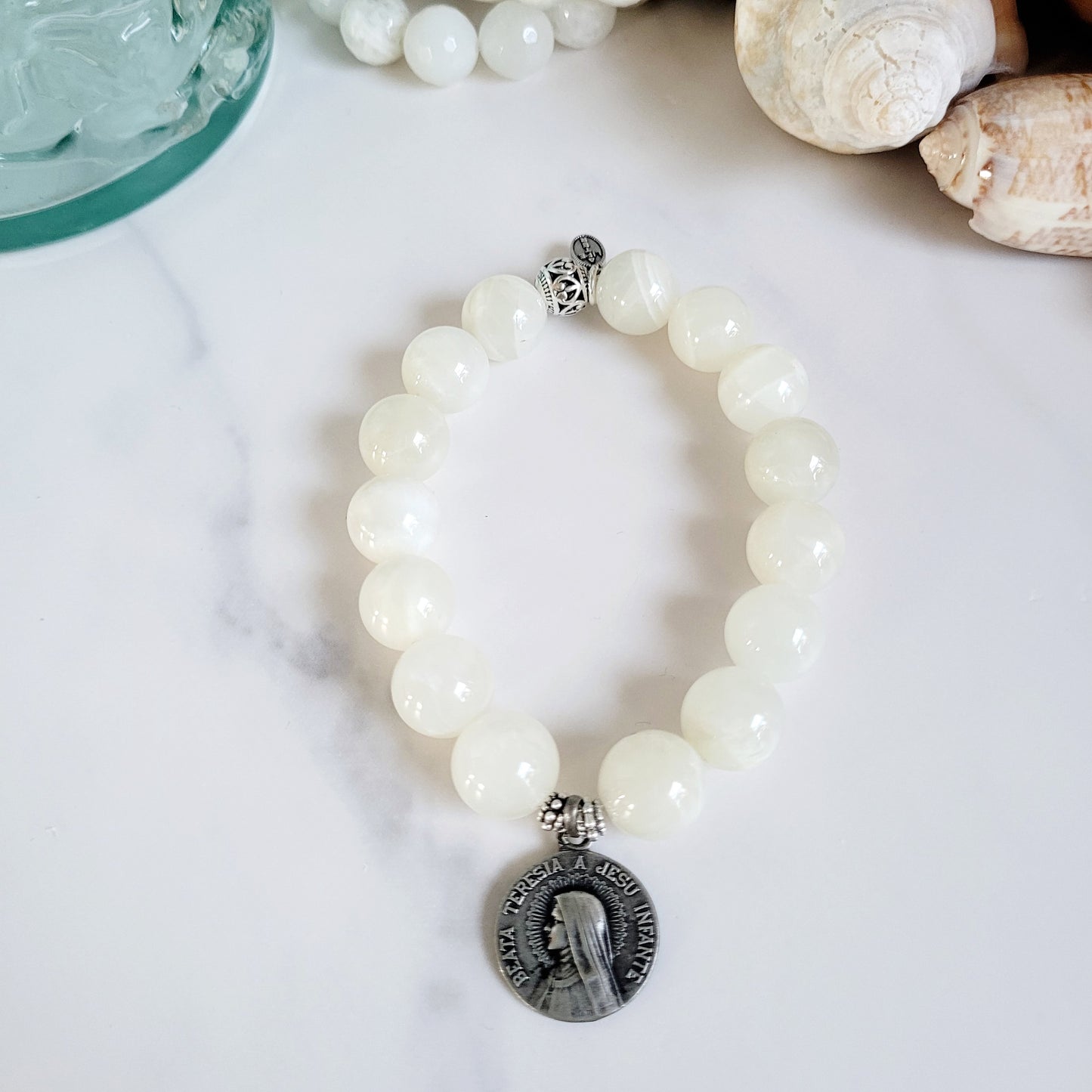 White Moonstone 12mm Beaded Bracelet w/ Signed Silver Medal of St. Therese of Jesus