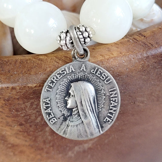 White Moonstone 12mm Beaded Bracelet w/ Signed Silver Medal of St. Therese of Jesus