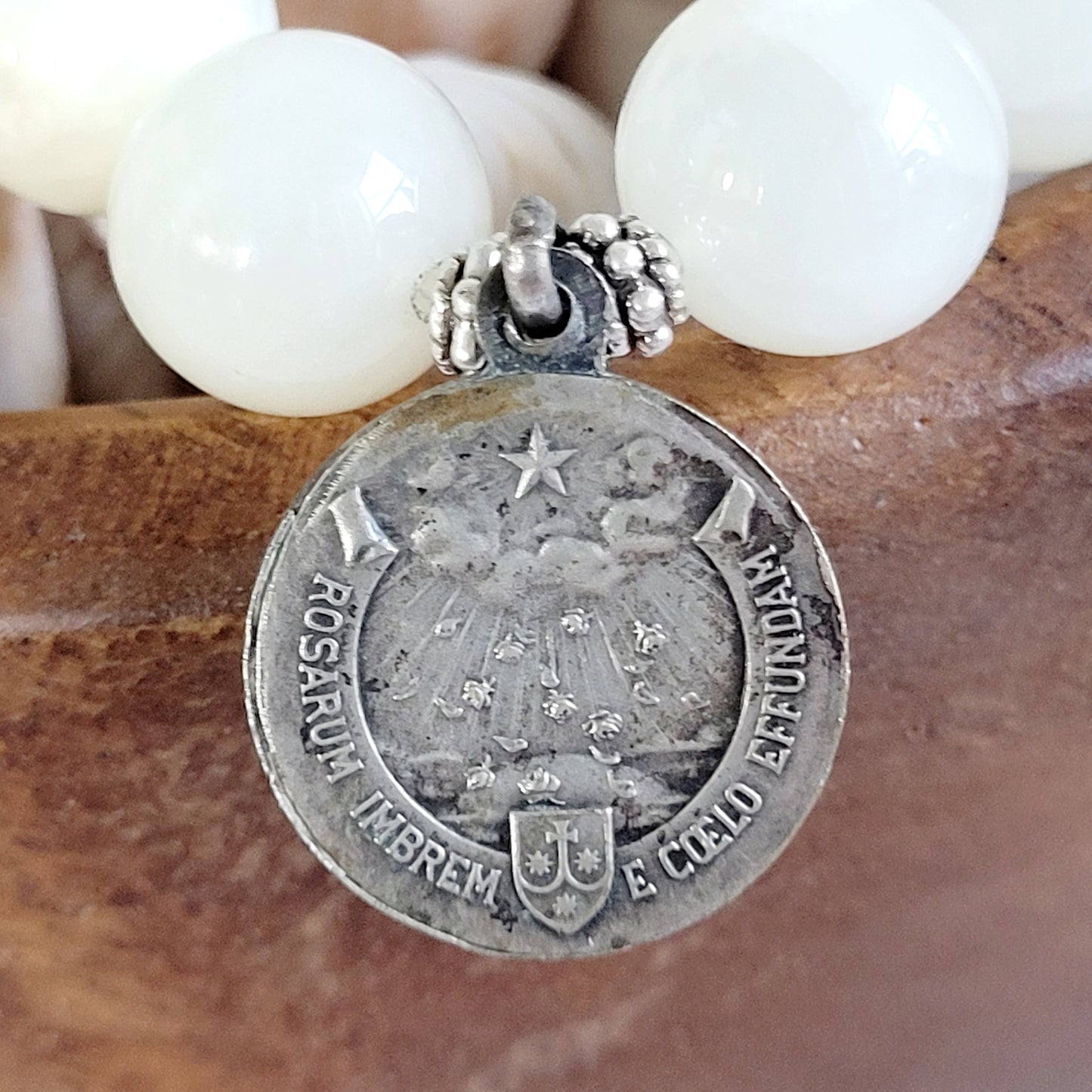 White Moonstone 12mm Beaded Bracelet w/ Signed Silver Medal of St. Therese of Jesus