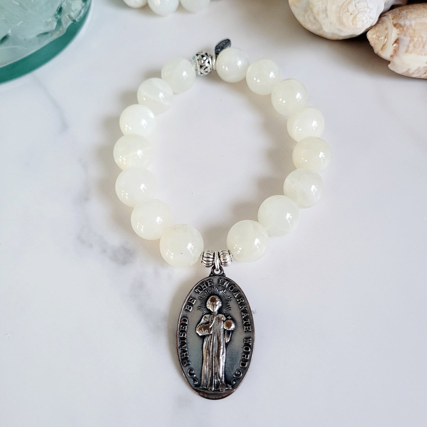 White Moonstone 12mm Beaded Bracelet w/ Heavy Embossed Silver Medal of Incarnate Word