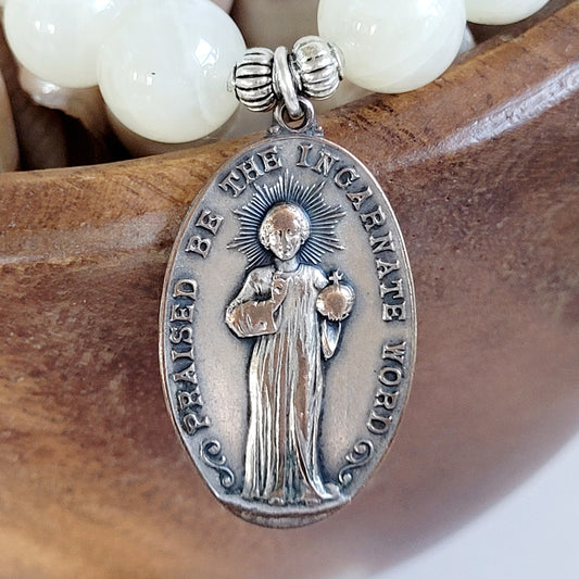 White Moonstone 12mm Beaded Bracelet w/ Heavy Embossed Silver Medal of Incarnate Word