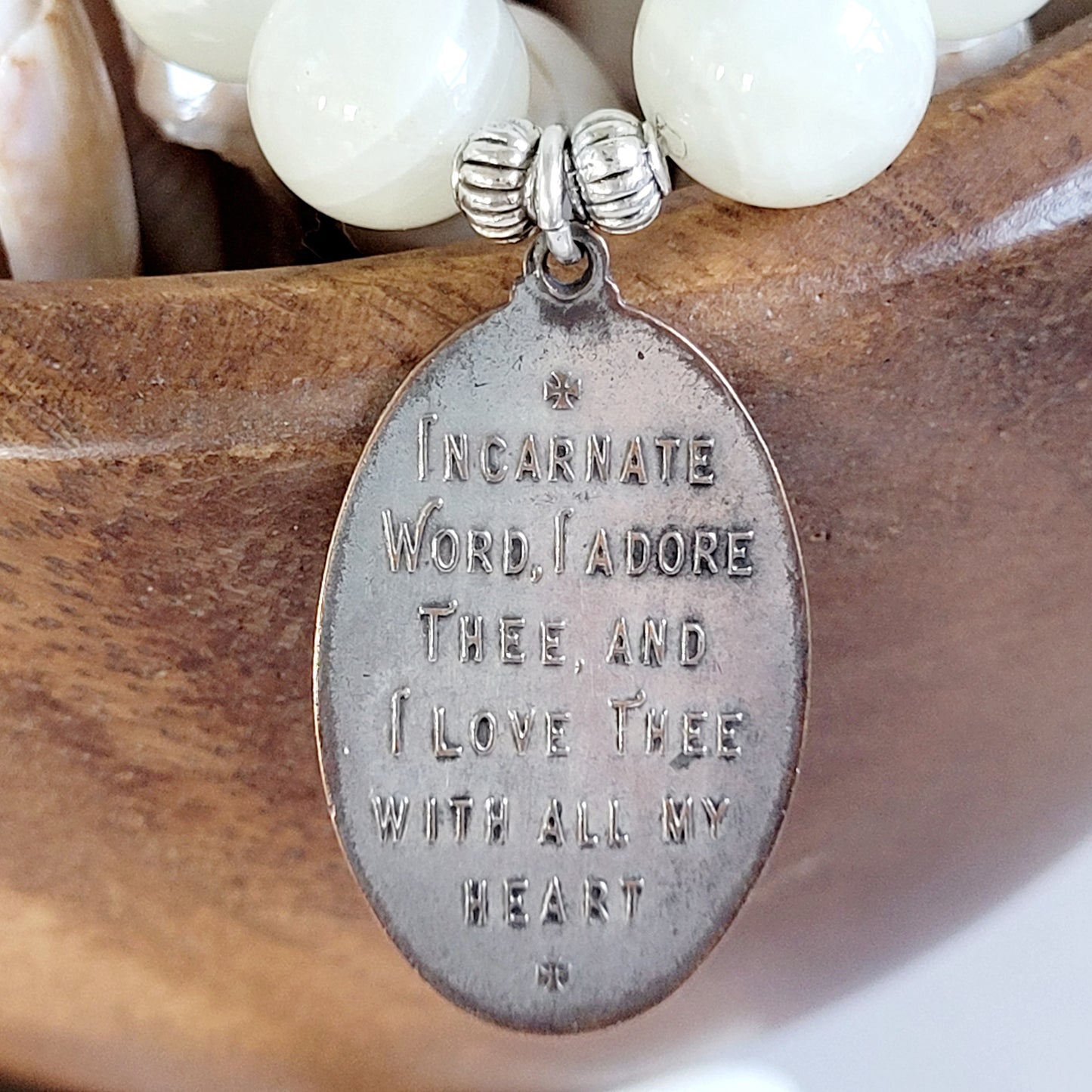 White Moonstone 12mm Beaded Bracelet w/ Heavy Embossed Silver Medal of Incarnate Word