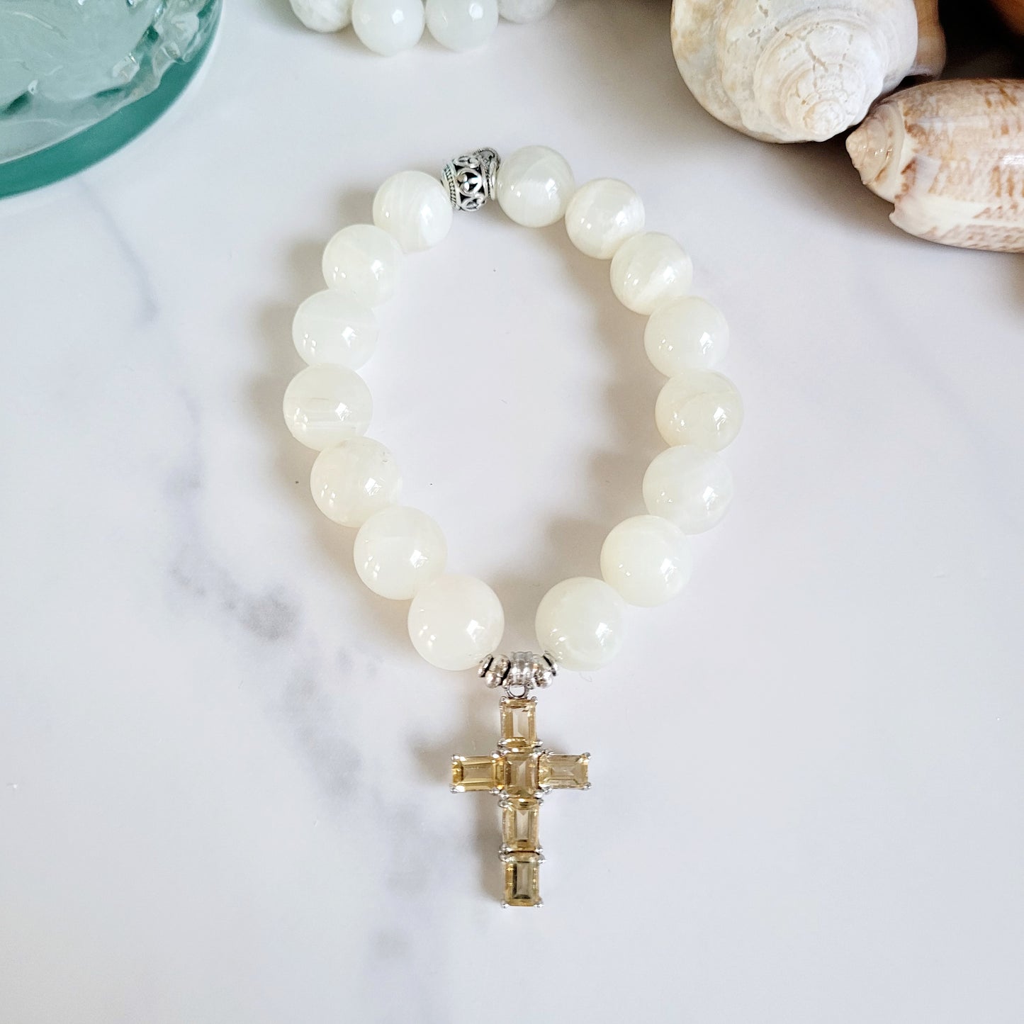 White Moonstone 12mm Beaded Bracelet w/ Sterling Silver Citrine Cross