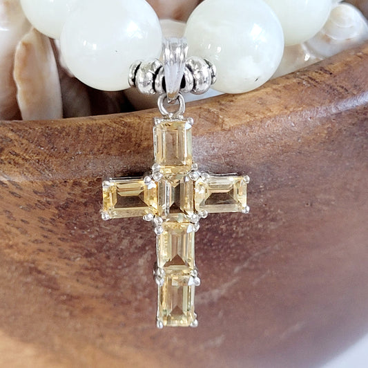 White Moonstone 12mm Beaded Bracelet w/ Sterling Silver Citrine Cross