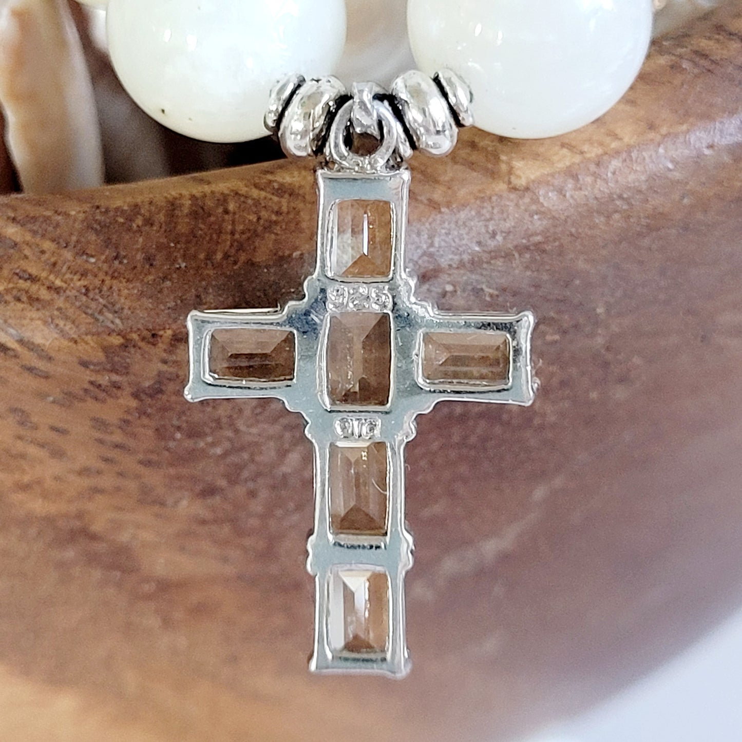 White Moonstone 12mm Beaded Bracelet w/ Sterling Silver Citrine Cross