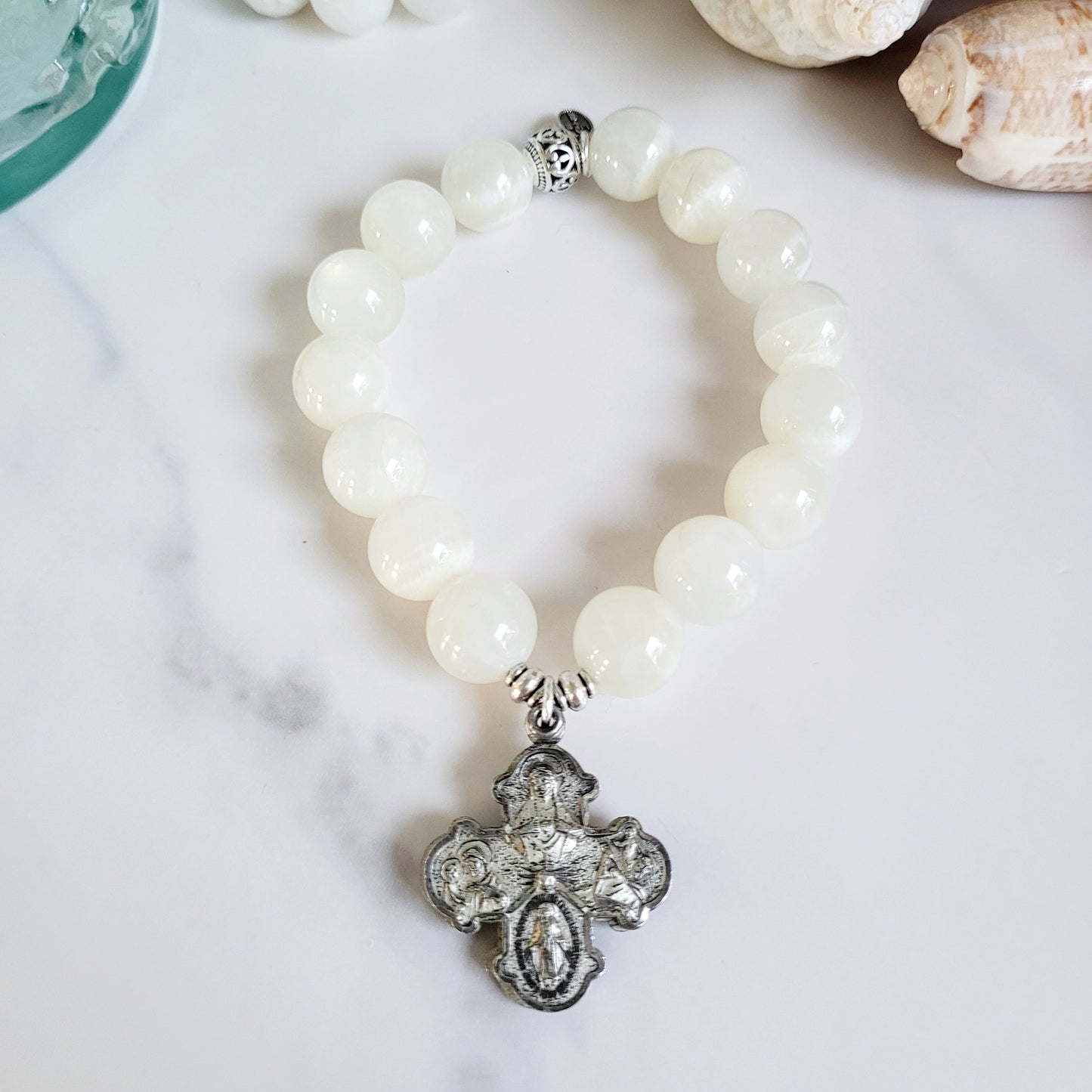 White Moonstone 12mm Beaded Bracelet w/ Sterling Silver Four Way Cross