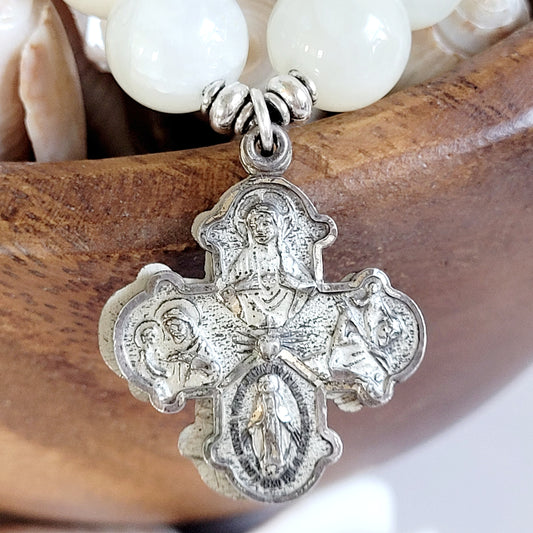 White Moonstone 12mm Beaded Bracelet w/ Sterling Silver Four Way Cross