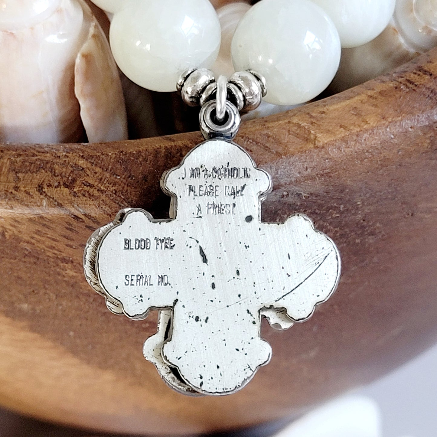 White Moonstone 12mm Beaded Bracelet w/ Sterling Silver Four Way Cross