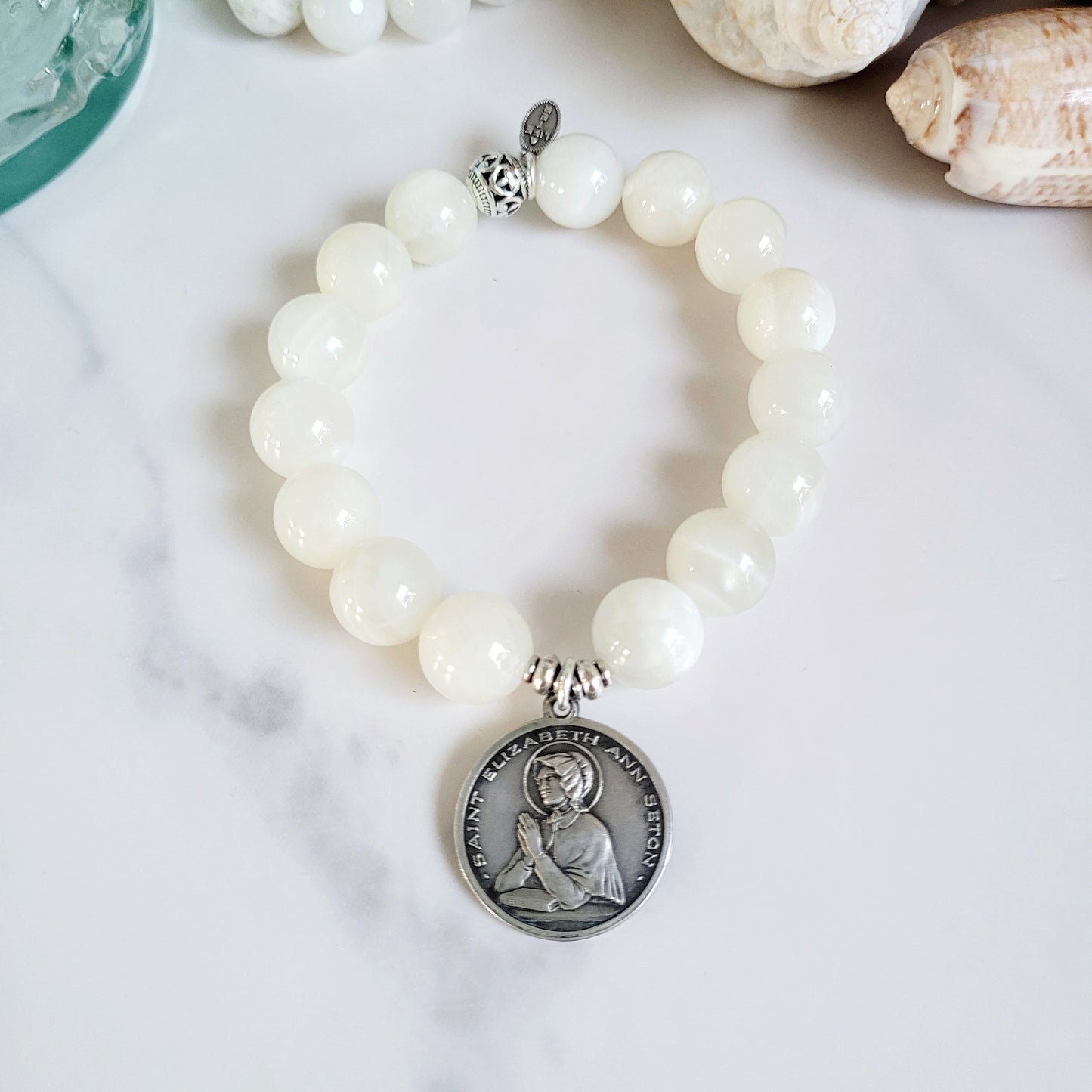 White Moonstone 12mm Beaded Bracelet w/ Signed Sterling Silver Medal of St. Elizabeth Seaton
