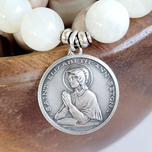 White Moonstone 12mm Beaded Bracelet w/ Signed Sterling Silver Medal of St. Elizabeth Seaton