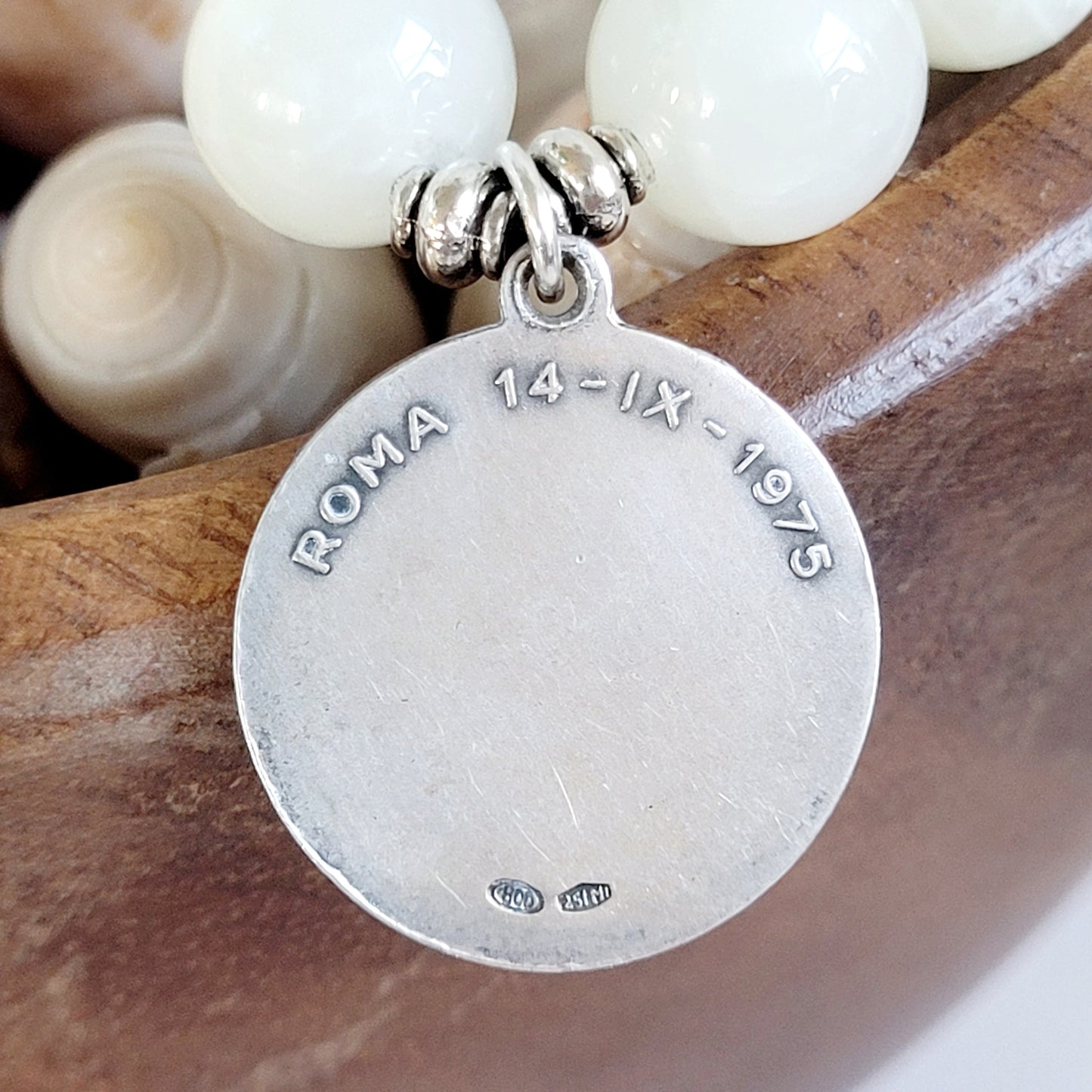 White Moonstone 12mm Beaded Bracelet w/ Signed Sterling Silver Medal of St. Elizabeth Seaton