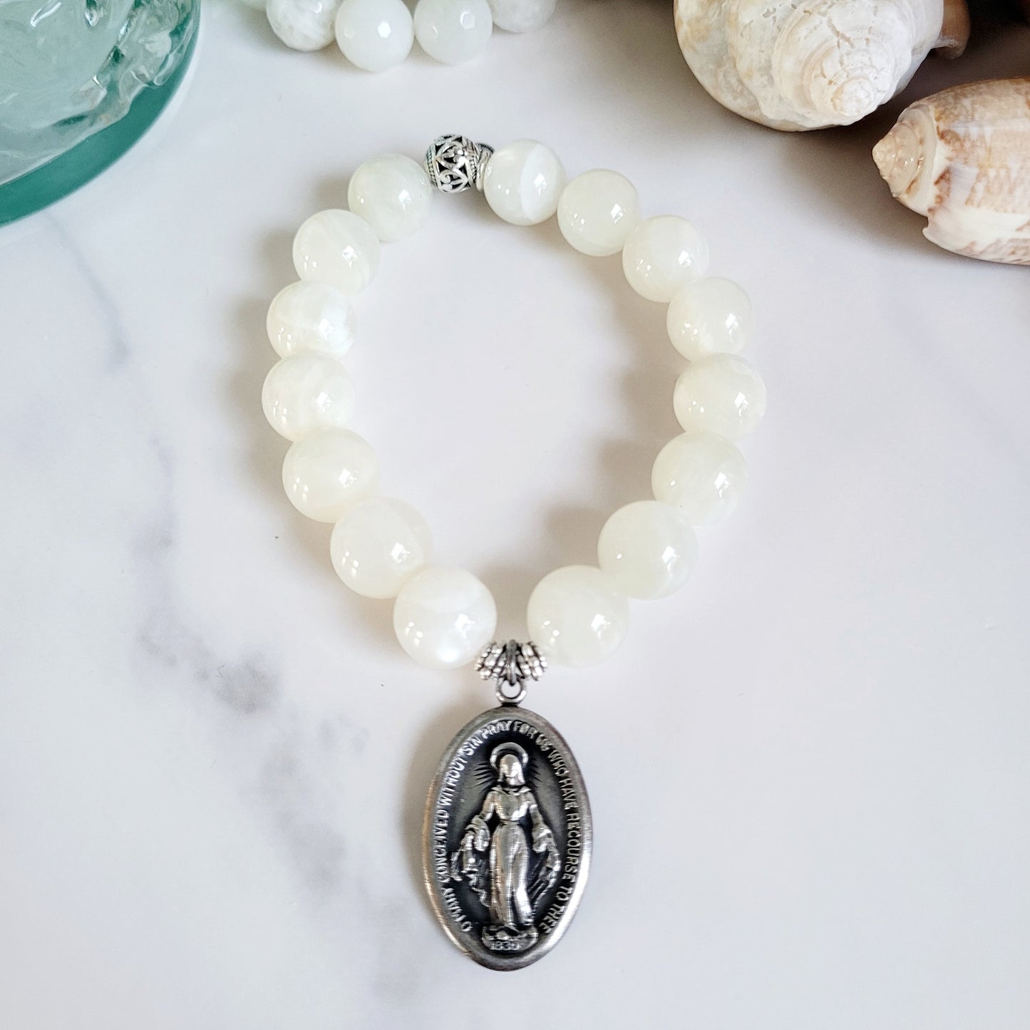 White Moonstone 12mm Beaded Bracelet w/ Large Sterling Silver Miraculous Medal